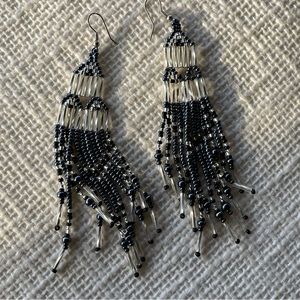 Metallic black & silvery clear fringe 4.5”+ seed & bugle bead earrings